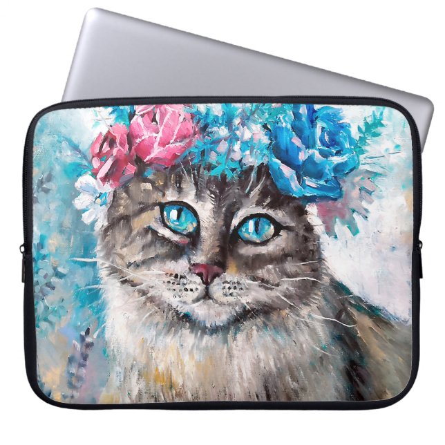 Katt i oljemålningen för blomkrans på canvas. Wint Laptop Fodral (Framsidan)