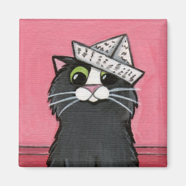 Katt i Pappra Hat Whimsical Magnet (Framsidan)