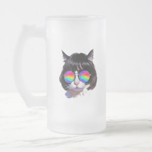 Katt i peruk + solglasögon (Målning #1) Frostat Ölglas