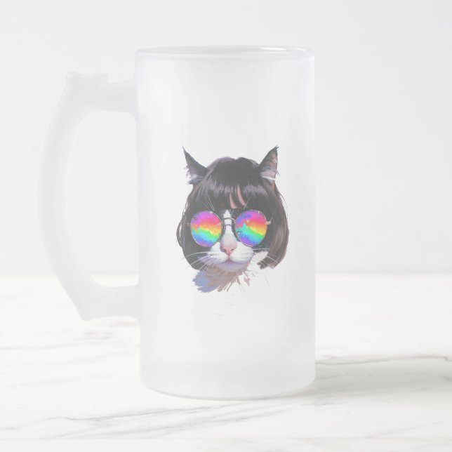 Katt i peruk + solglasögon (Målning #1) Frostat Ölglas (Vänster)