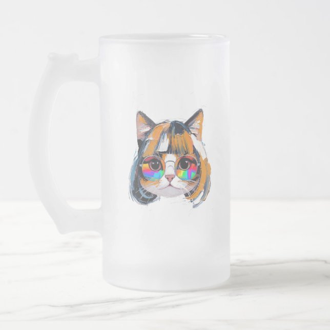 Katt i peruk + solglasögon (Målning #2) Frostat Ölglas (Vänster)