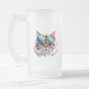 Katt i peruk + solglasögon (Målning #3) Frostat Ölglas