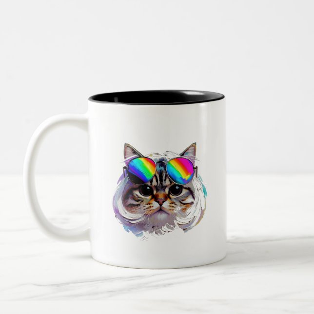 Katt i peruk + solglasögon (Målning #3) Två-Tonad Mugg (Vänster)