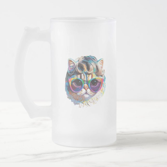 Katt i peruk + solglasögon (Målning #4) Frostat Ölglas (Vänster)