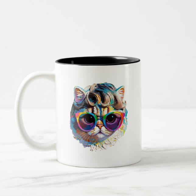 Katt i peruk + solglasögon (Målning #4) Två-Tonad Mugg (Vänster)