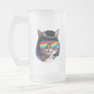 Katt i peruk + solglasögon (Målning #5) Frostat Ölglas