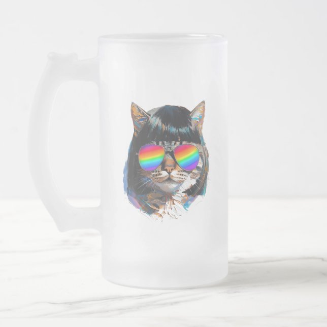 Katt i peruk + solglasögon (Målning #5) Frostat Ölglas (Vänster)