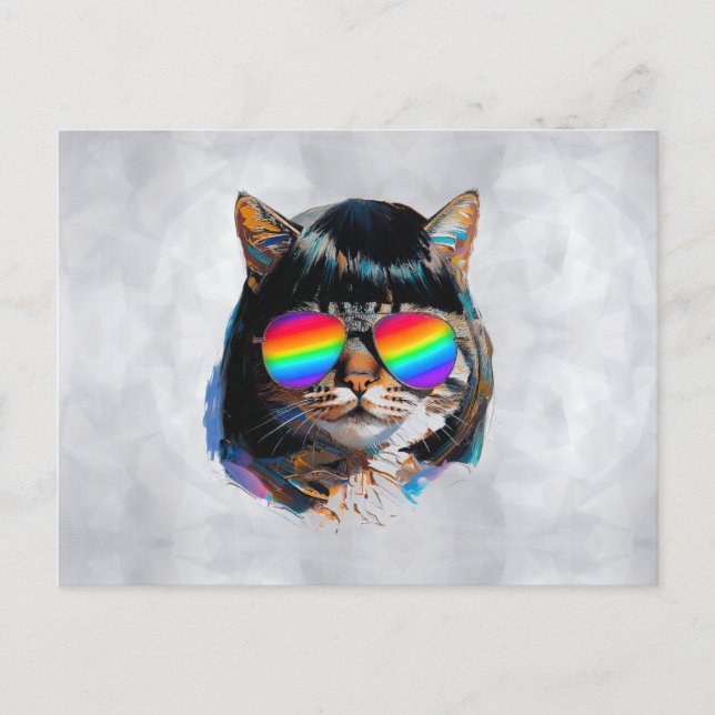 Katt i peruk + solglasögon (Målning #5) Vykort (Framsida)