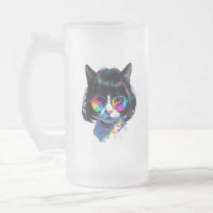 Katt i peruk + solglasögon (Målning #6) Frostat Ölglas