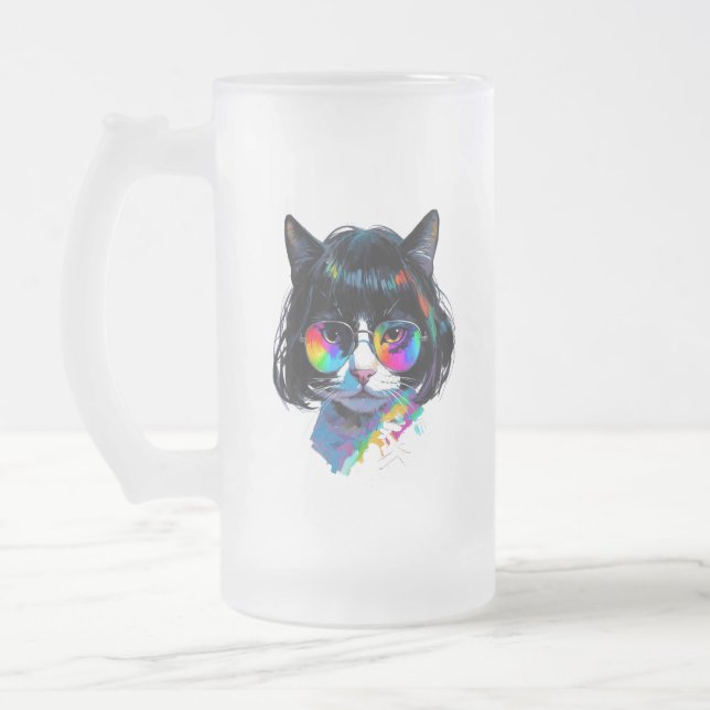 Katt i peruk + solglasögon (Målning #6) Frostat Ölglas (Vänster)