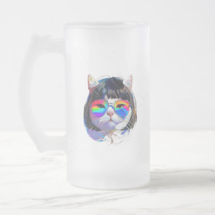 Katt i peruk + solglasögon (Målning #7) Frostat Ölglas