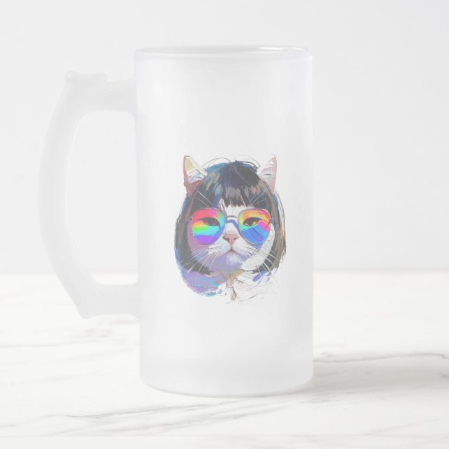 Katt i peruk + solglasögon (Målning #7) Frostat Ölglas (Vänster)