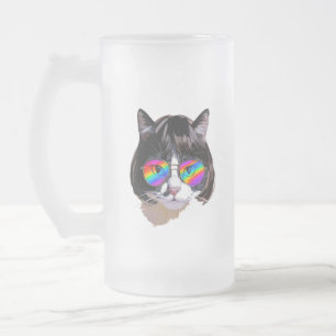 Katt i peruk + solglasögon (Målning #8) Frostat Ölglas