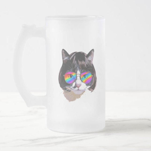 Katt i peruk + solglasögon (Målning #8) Frostat Ölglas (Vänster)