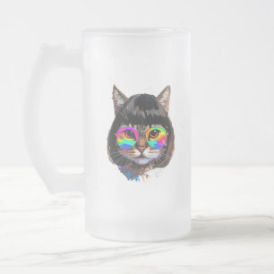 Katt i peruk + solglasögon (Målning #9) Frostat Ölglas