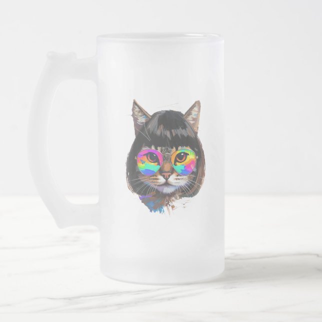 Katt i peruk + solglasögon (Målning #9) Frostat Ölglas (Vänster)