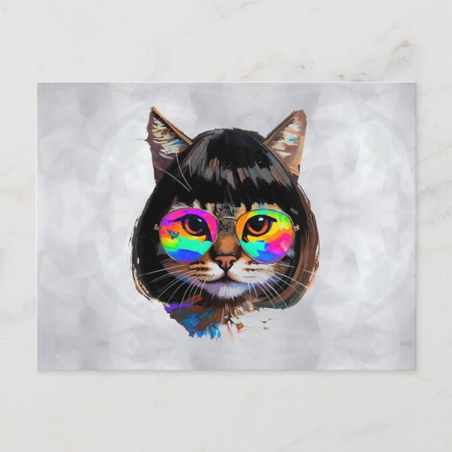 Katt i peruk + solglasögon (Målning #9) Vykort (Framsida)