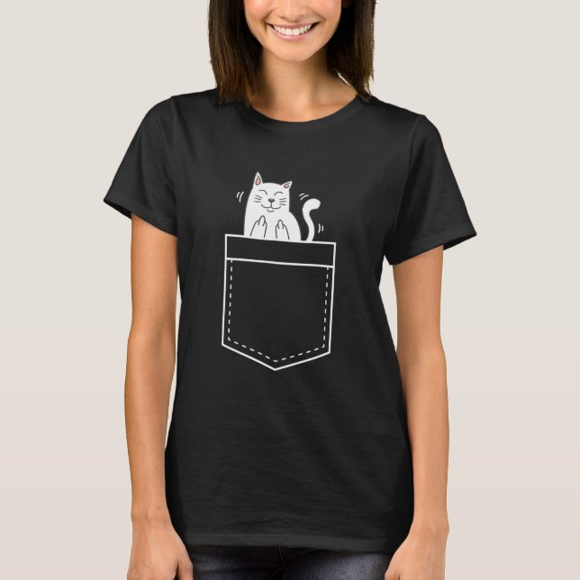 Katt i Pocket Ge Finger T-Shirt (Framsida)