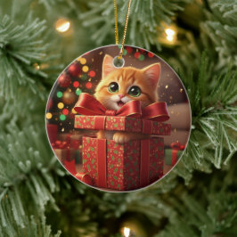 Katt i presentlåda - Katt som hoppar ut ur julklap Julgransprydnad Keramik