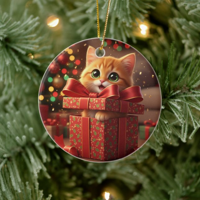 Katt i presentlåda - Katt som hoppar ut ur julklap Julgransprydnad Keramik (Träd)