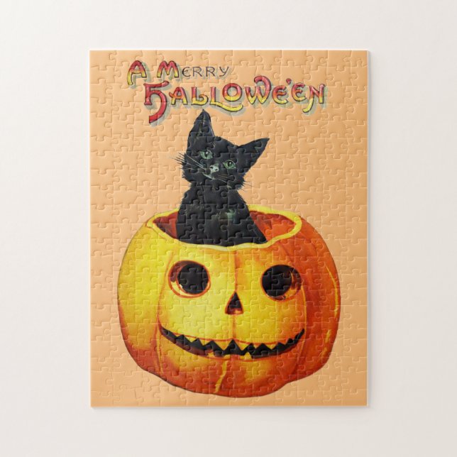 Katt i Pumpkin Halloween Chidlrens Puzzle Pussel (Vertikal)