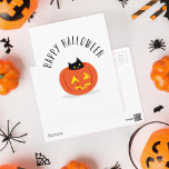 Katt i Pumpkin Happy halloween Vykort<br><div class="desc">Cute Black Cat i en Jack o lantern Pumpkin som vill ha ett Happy halloween på ett tomt postkort.</div>
