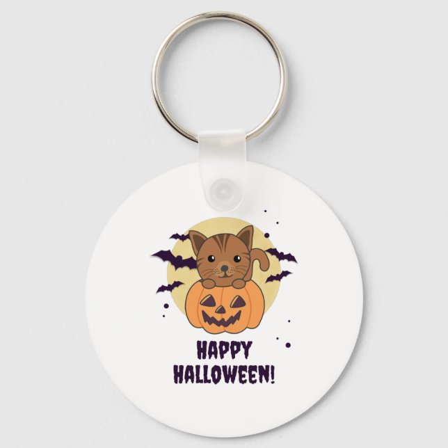 Katt i Pumpkin Sweet Cats Happy halloween Nyckelring (Framsida)