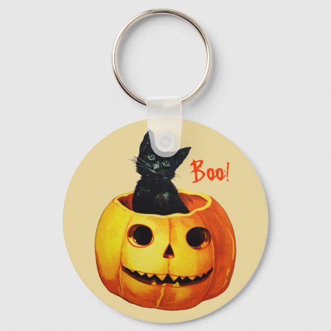 Katt i Pumpkin Vintage Halloween Keychain Nyckelring (Framsida)