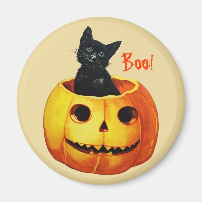 Katt i Pumpkin Vintage Halloween Magnet (Framsidan)