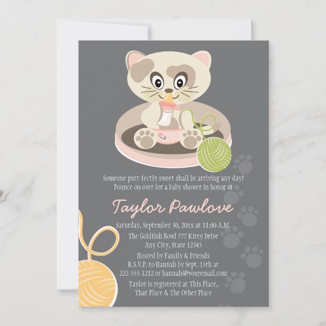 Katt i Rosa Diaper Baby Shower-inbjudan Inbjudningar (Framsida)