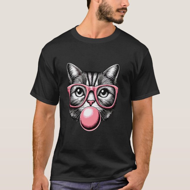 Katt i rosa glasögon Rosa bubbla män kvinnor barn  T Shirt (Framsida)