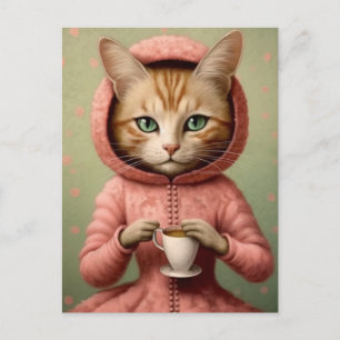 Katt i Rosa Jackat med kaffe Vykort
