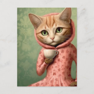 Katt i Rosa med kaffe Vykort