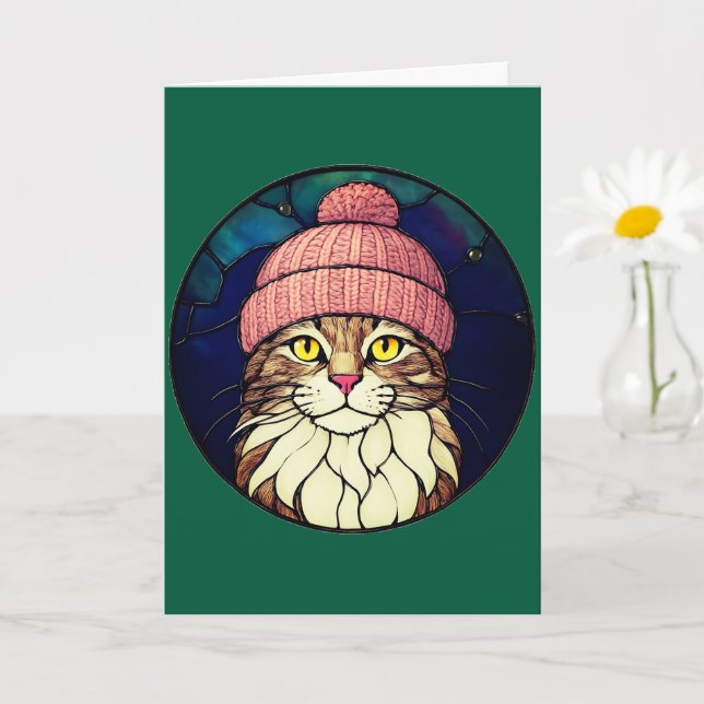 Katt i rosa mössa i glasmåleri-stil jul kort (Liten växt)