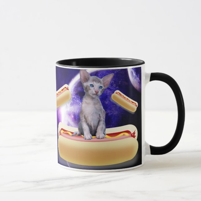 KATT I RYMDE MED VARMA KORVAR rolig KAFFEKOPP (Höger)