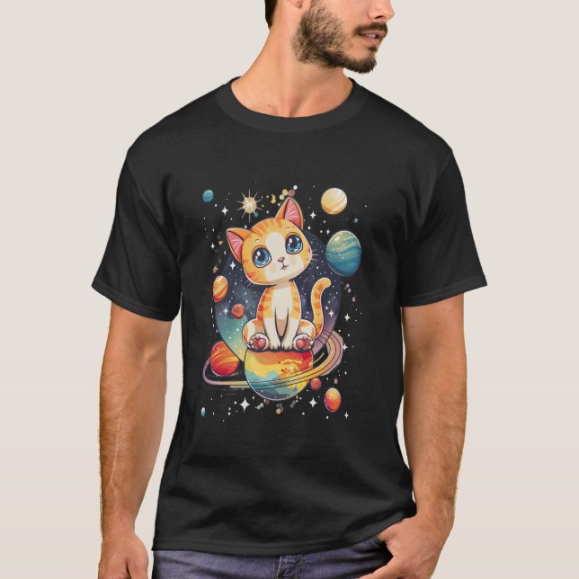 Katt i rymden med planeter i galaxies jupiter-unga t shirt (Framsida)