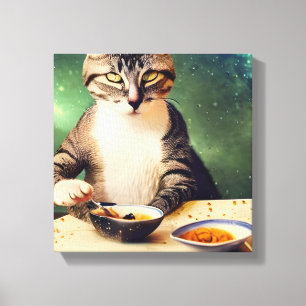 Katt i rymden som äter Sushi Canvastryck