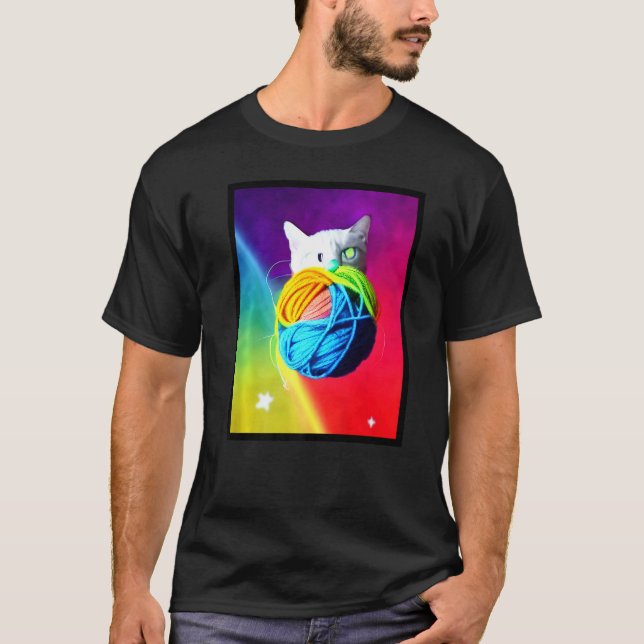 Katt i rymden som håller färgrik garn t shirt (Framsida)