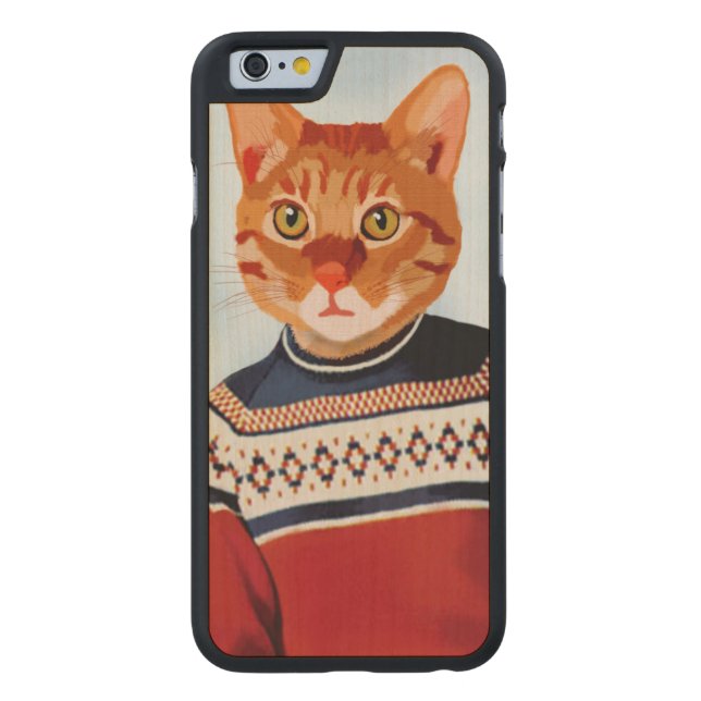 Katt i Ski Sweater Carved Wood iPhone Skal (Baksidan)