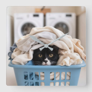 Katt i Smoking Gömmer sig i Tvättkorgen Fyrkantig Klocka