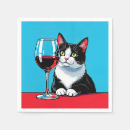 Katt i Smoking Med Glas Rött Vin Pappersservett