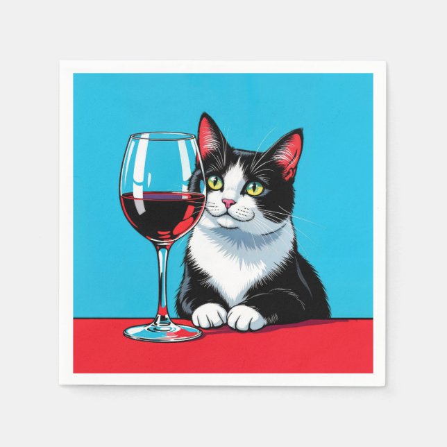 Katt i Smoking Med Glas Rött Vin Pappersservett (Framsidan)