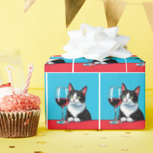Katt i Smoking Med Glas Rött Vin Presentpapper