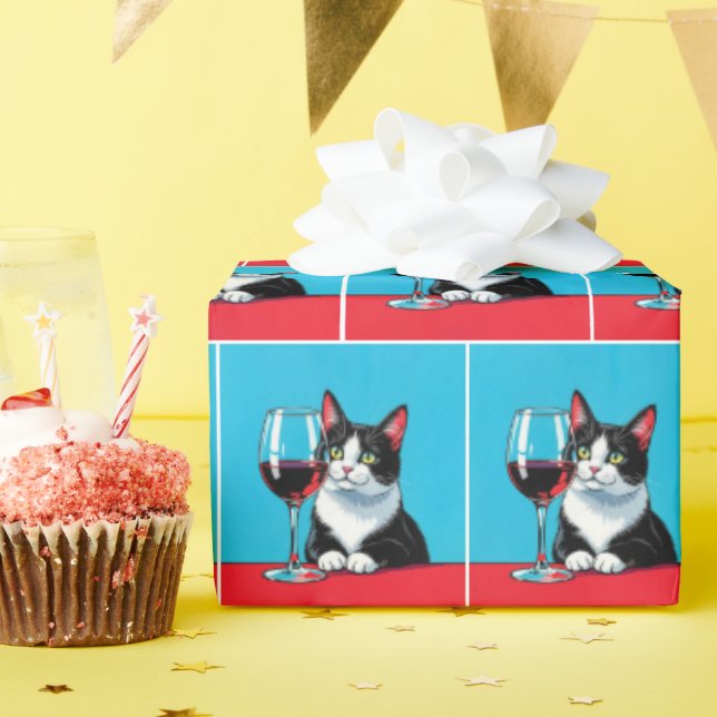 Katt i Smoking Med Glas Rött Vin Presentpapper (Födelsedagsfest)