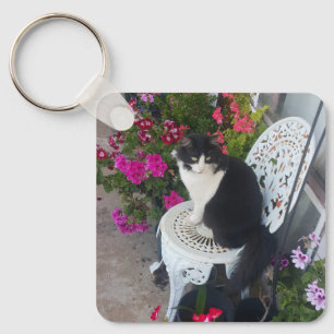 Katt i Smoking Söt med Vackra Blommor Svarta Katte Nyckelring