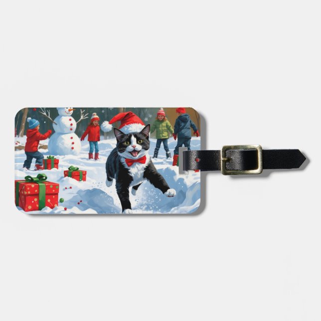 Katt i Smoking Springar i Snö med Julhatt Bagagebricka (Horisontell Framsida)