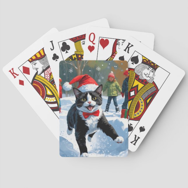 Katt i Smoking Springar i Snö med Julhatt Casinokort (Baksidan)
