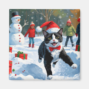 Katt i Smoking Springar i Snö med Julhatt Magnet