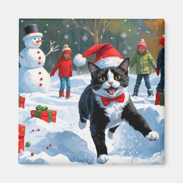 Katt i Smoking Springar i Snö med Julhatt Magnet (Framsidan)
