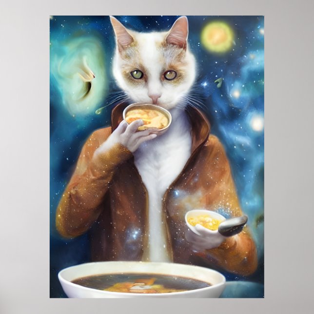 Katt i snabbkostande mat soppa gjord av galaxer poster (Framsidan)